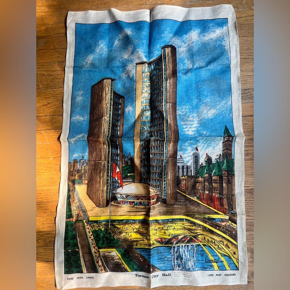 Vintage Irish linen tea towel featuring an illustration of Toronto City Hall